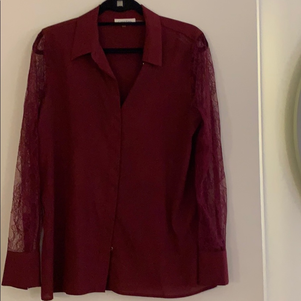 Calvin Klein Red Lace Sleeve Button Down